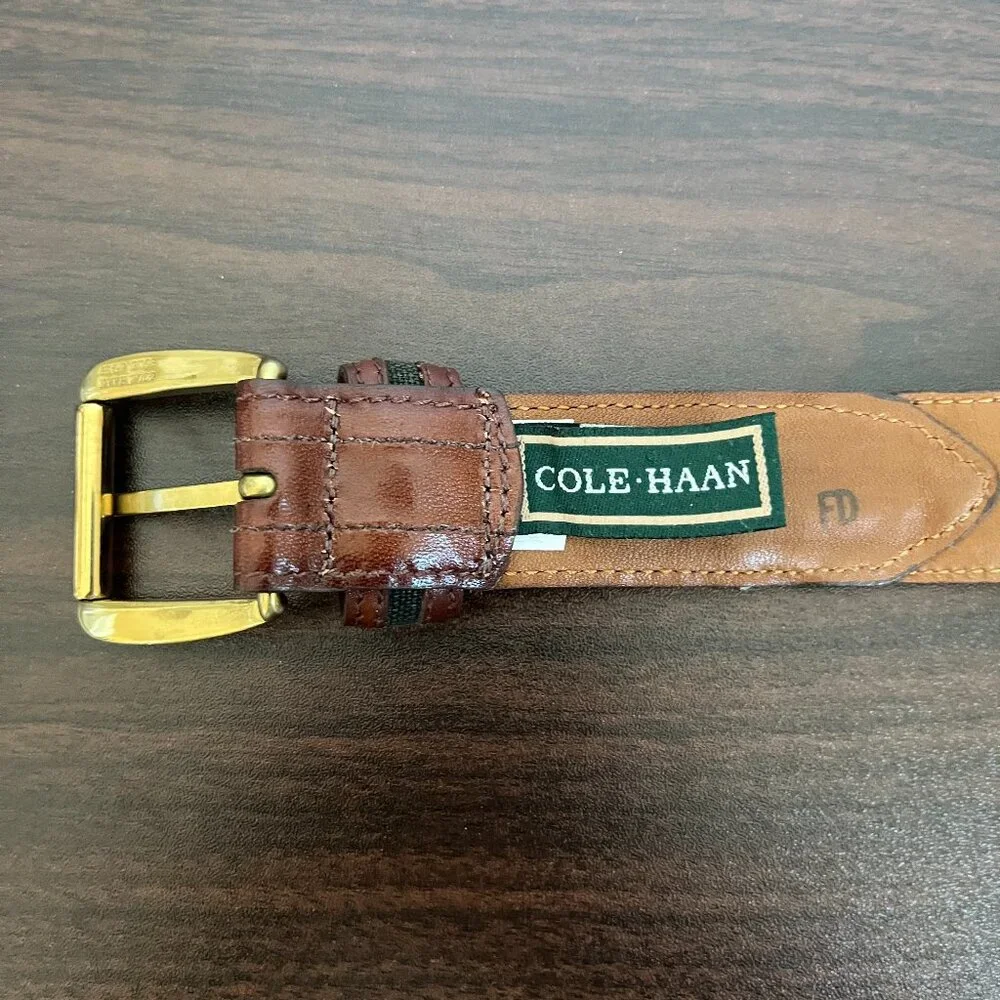 Cole Haan Men’s Brown Grey Leather Brass Buckle Belt Quiet Luxury Sz 36/90